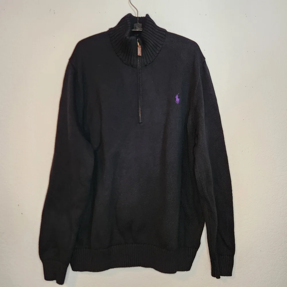 Polo Ralph‎ Lauren Black Zip-Up Sweater with Purple Logo, Size XXL